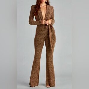 🦋NWT🦋 Chic Brown Metalic Flare Jumpsuit